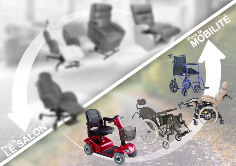 Différents fauteuils, fauteuils roulants, scooter, materiel medical pour la mobilité
